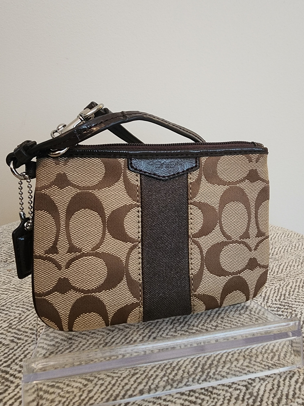 Coach Signature Stripe Canvas Tan And Brown Wristlet W/ Hangtag